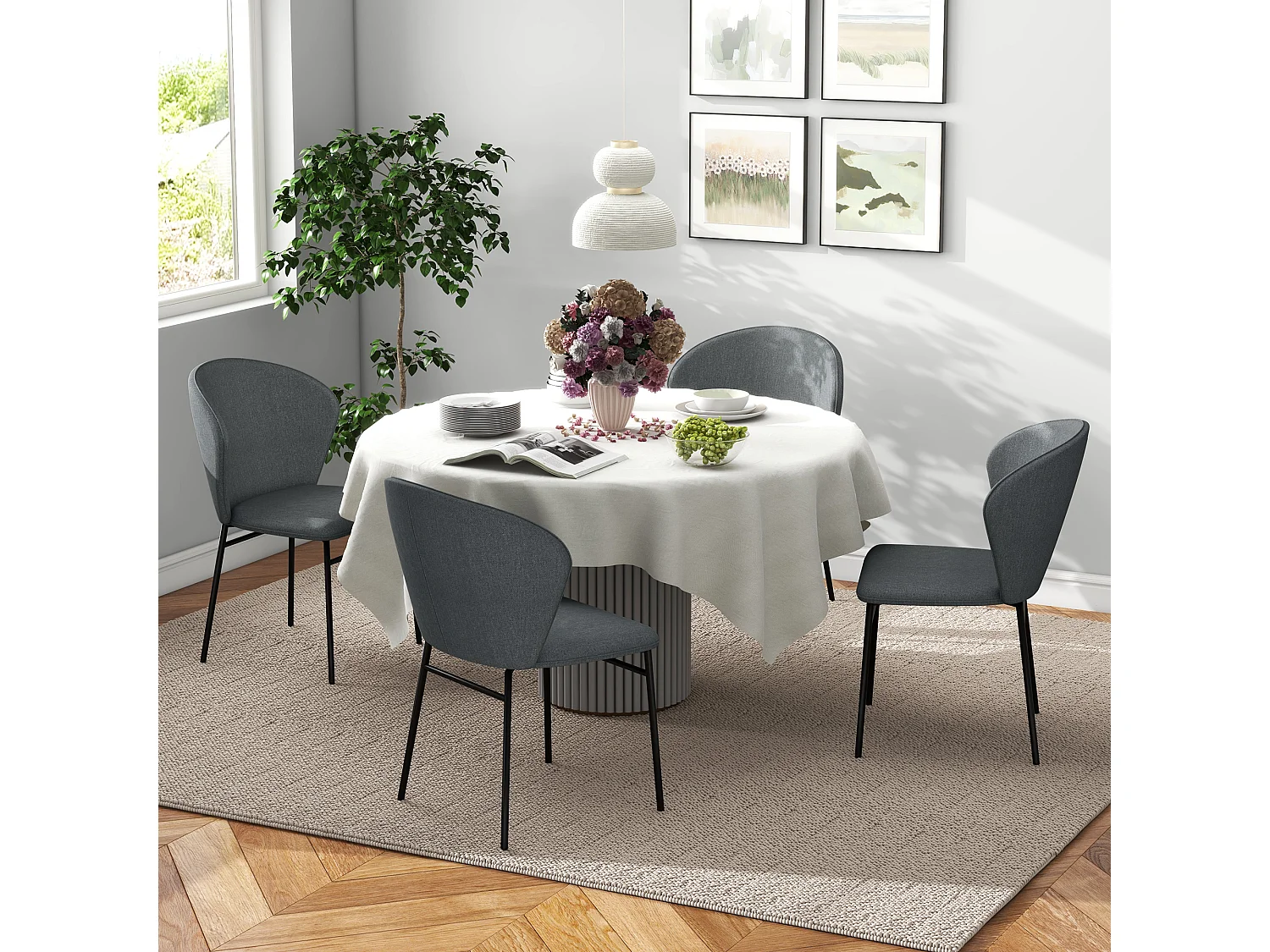 Lot de 2 chaises grand confort dossier enveloppant piètement acier noir revêtement tissu aspect lin gris