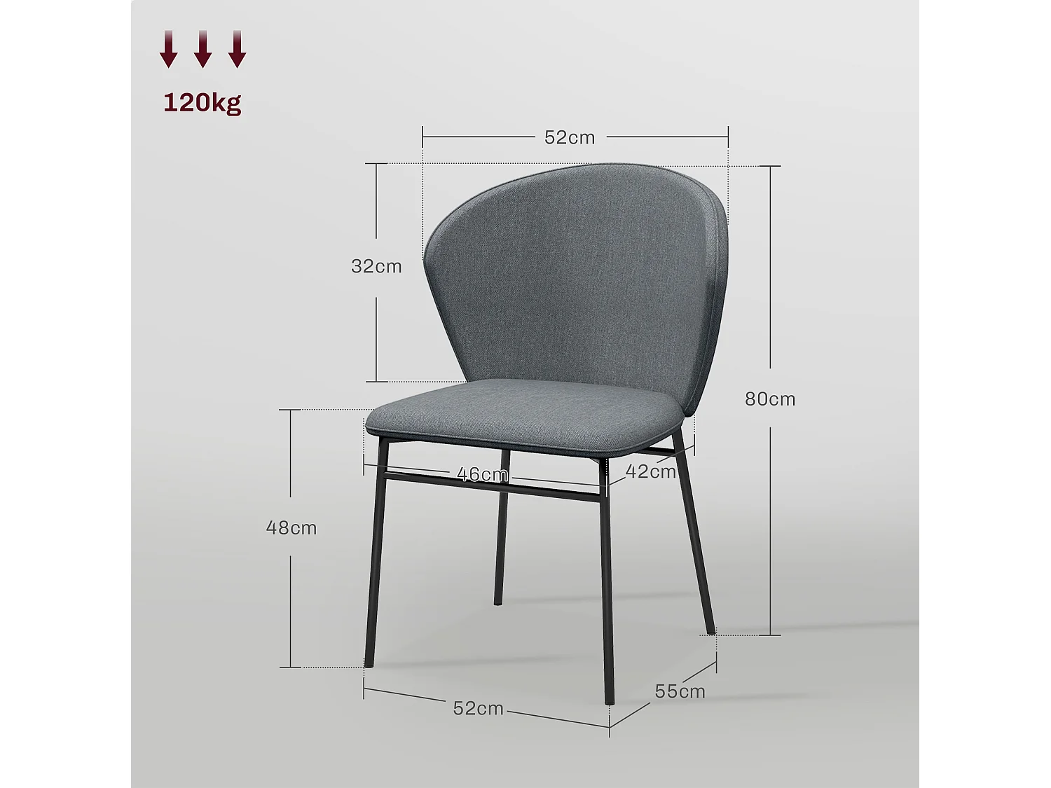 Lot de 2 chaises grand confort dossier enveloppant piètement acier noir revêtement tissu aspect lin gris