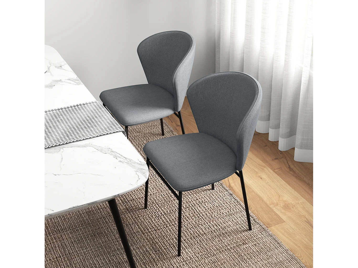 Lot de 2 chaises grand confort dossier enveloppant piètement acier noir revêtement tissu aspect lin gris