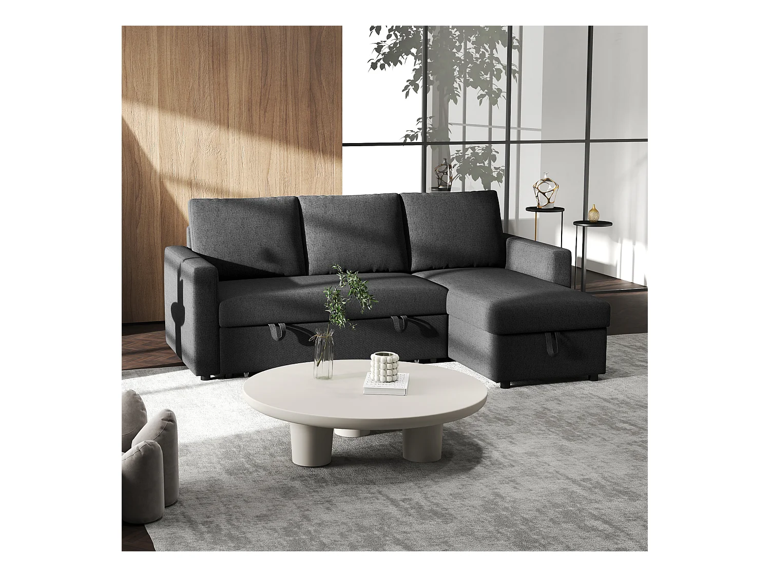 Canapé d'angle 3 places convertible réversible - coffre intégré - garnissage mousse haute densité - tissu noir