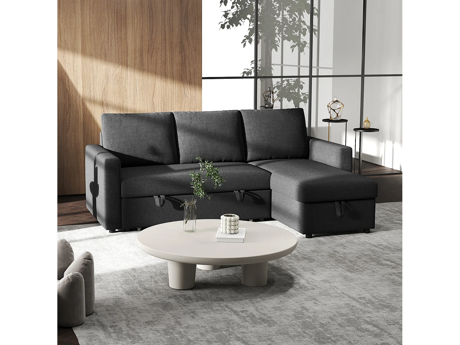 Canapé d'angle 3 places convertible réversible - coffre intégré - garnissage mousse haute densité - tissu noir