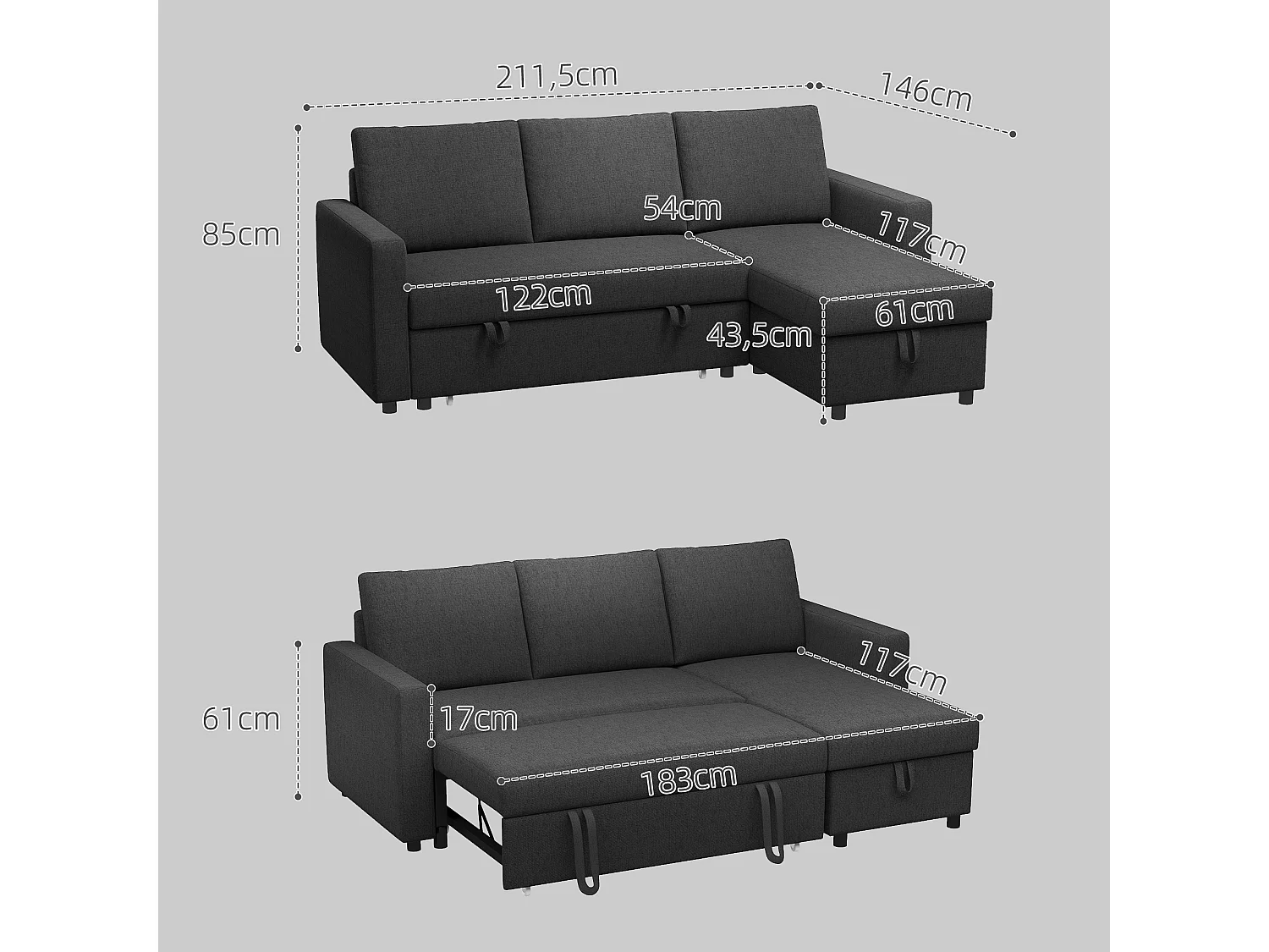 Canapé d'angle 3 places convertible réversible - coffre intégré - garnissage mousse haute densité - tissu noir