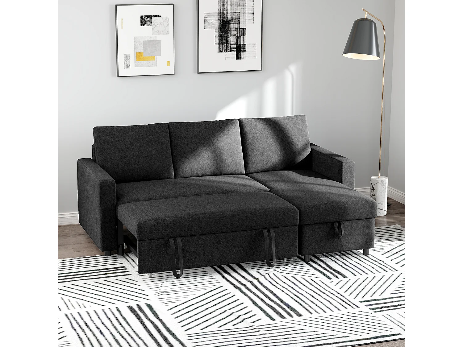 Canapé d'angle 3 places convertible réversible - coffre intégré - garnissage mousse haute densité - tissu noir