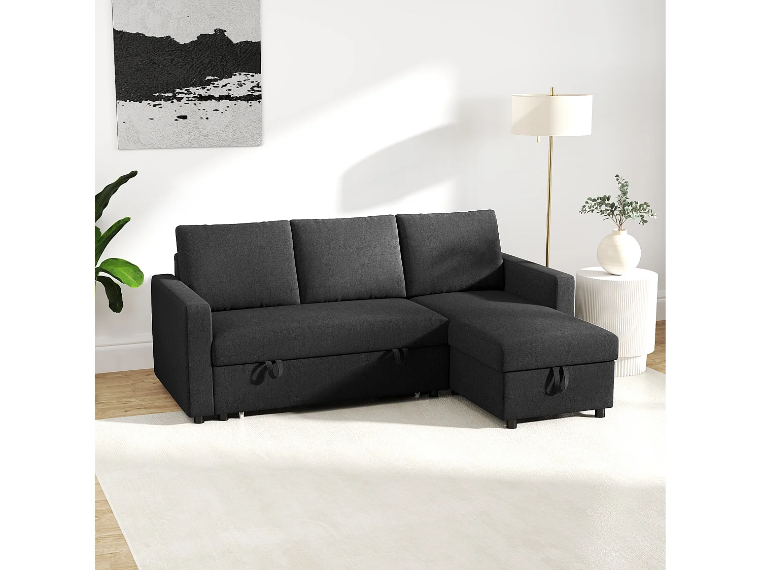 Canapé d'angle 3 places convertible réversible - coffre intégré - garnissage mousse haute densité - tissu noir