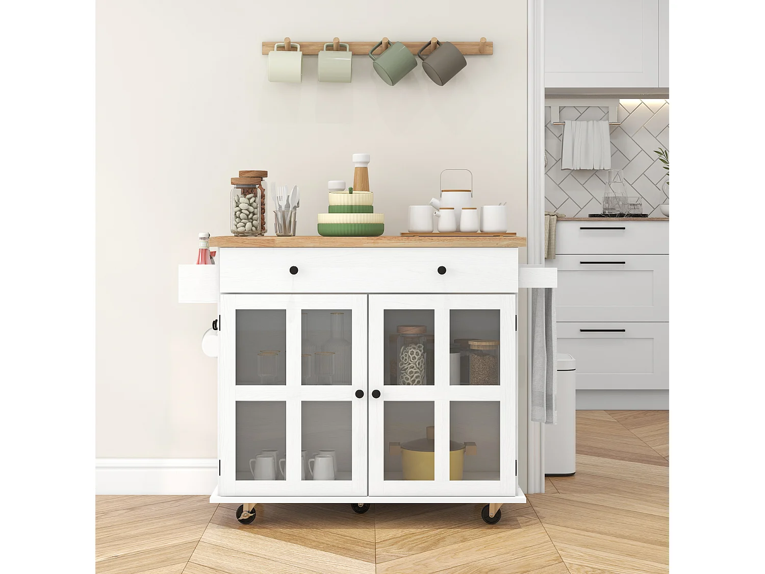 Desserte de cuisine multi-rangement - 2 portes, 2 étagères, tiroir, porte-épices, porte-torchon - blanc bois hévéa