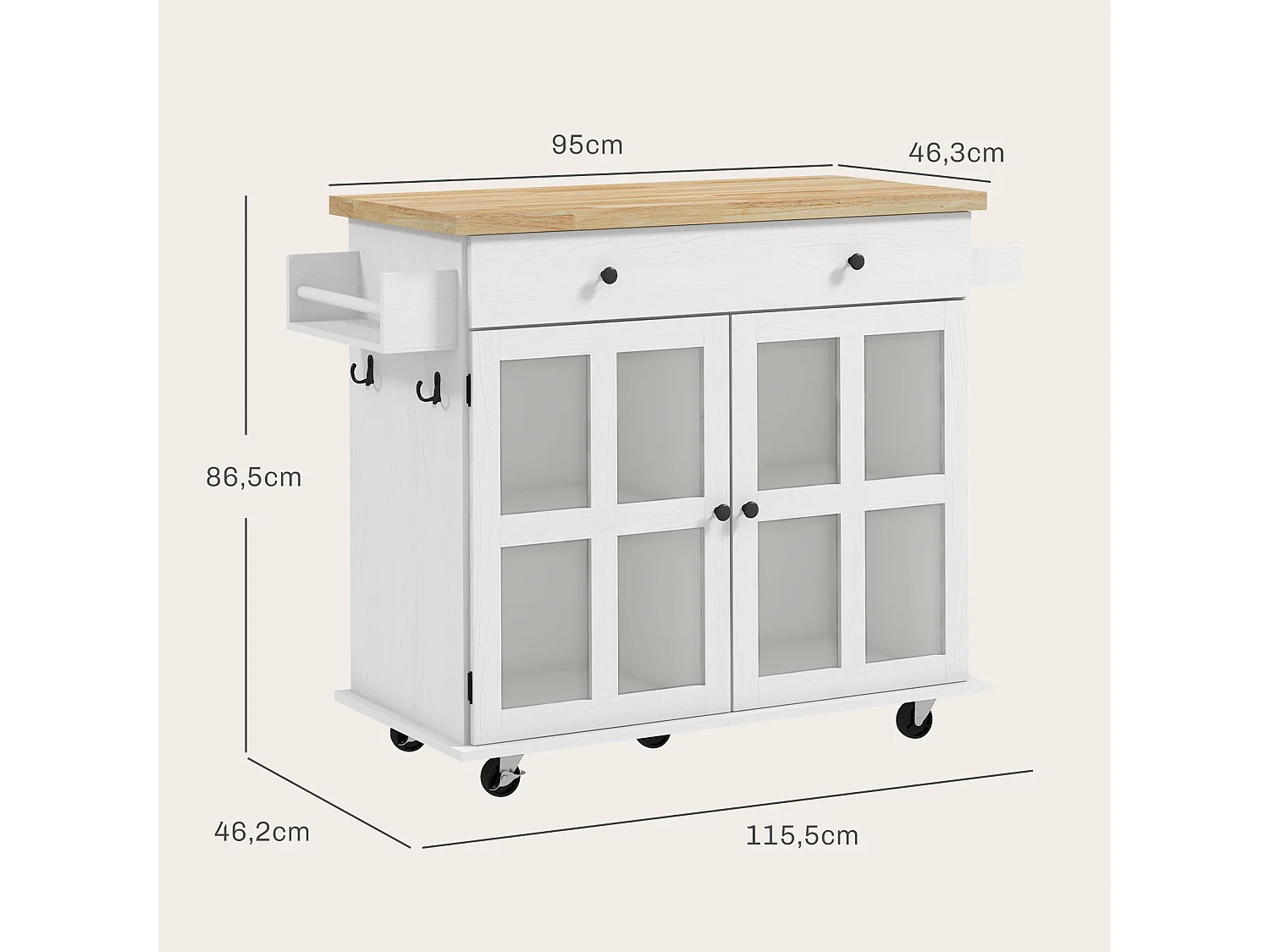Desserte de cuisine multi-rangement - 2 portes, 2 étagères, tiroir, porte-épices, porte-torchon - blanc bois hévéa