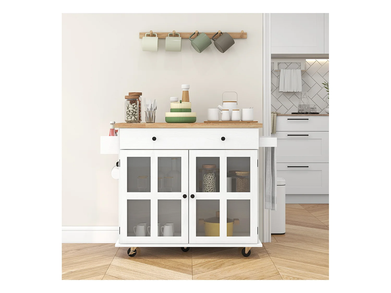 Desserte de cuisine multi-rangement - 2 portes, 2 étagères, tiroir, porte-épices, porte-torchon - blanc bois hévéa