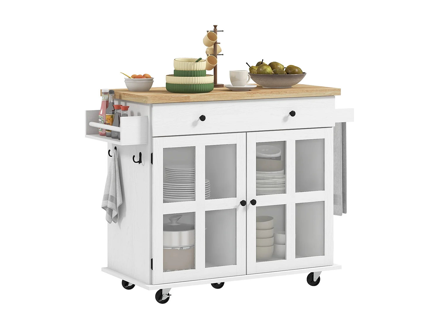 Desserte de cuisine multi-rangement - 2 portes, 2 étagères, tiroir, porte-épices, porte-torchon - blanc bois hévéa
