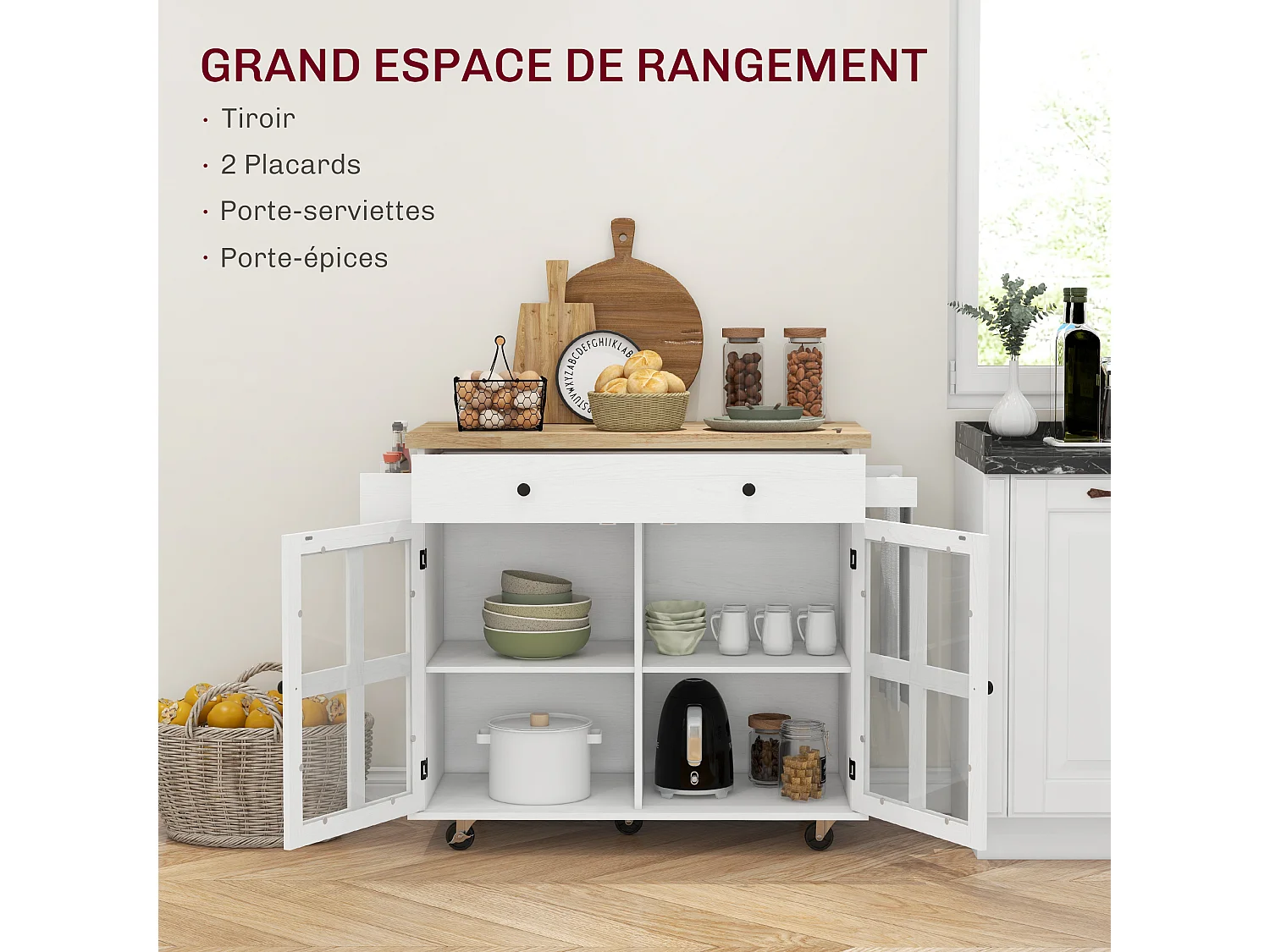 Desserte de cuisine multi-rangement - 2 portes, 2 étagères, tiroir, porte-épices, porte-torchon - blanc bois hévéa