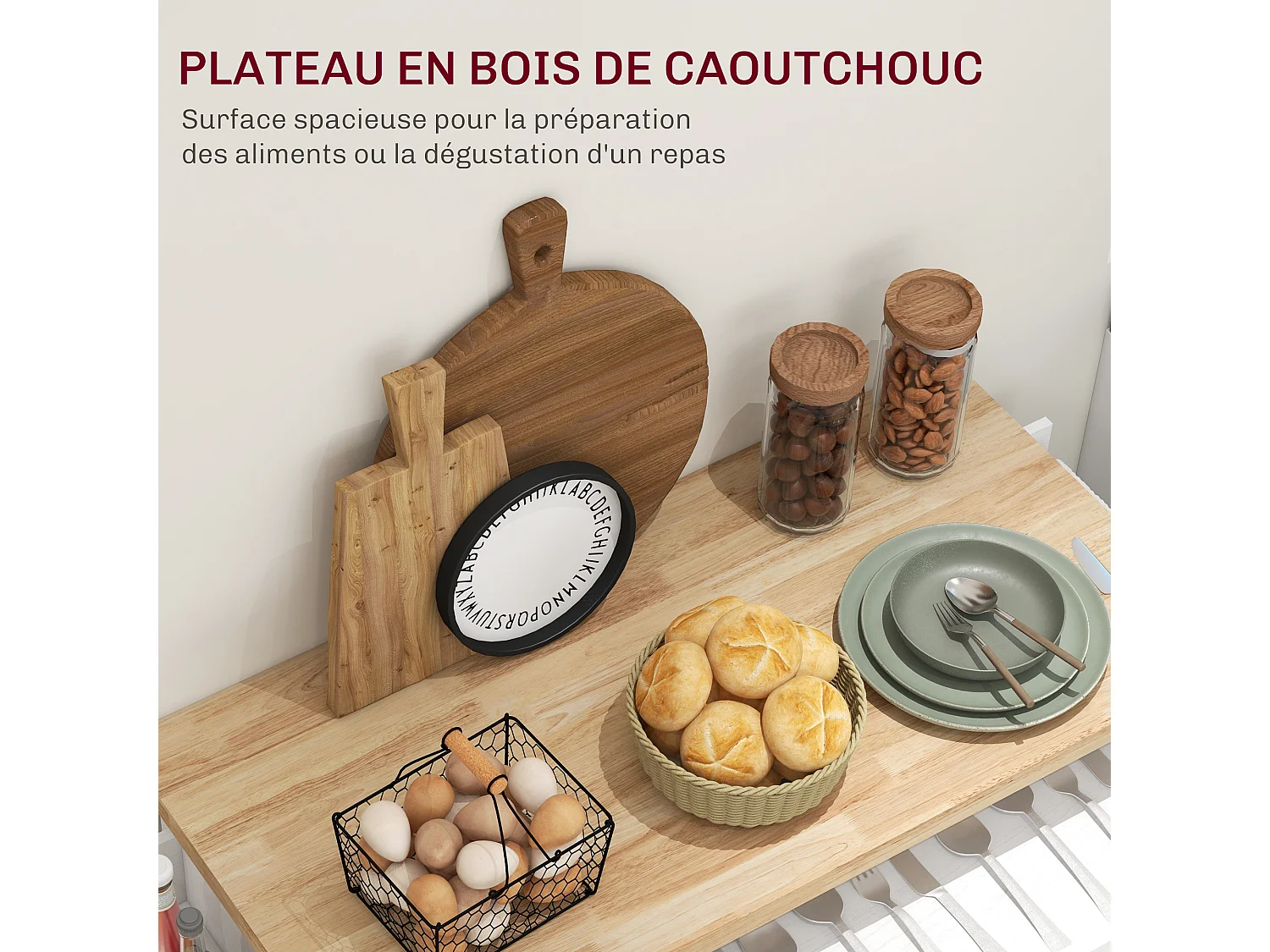 Desserte de cuisine multi-rangement - 2 portes, 2 étagères, tiroir, porte-épices, porte-torchon - blanc bois hévéa