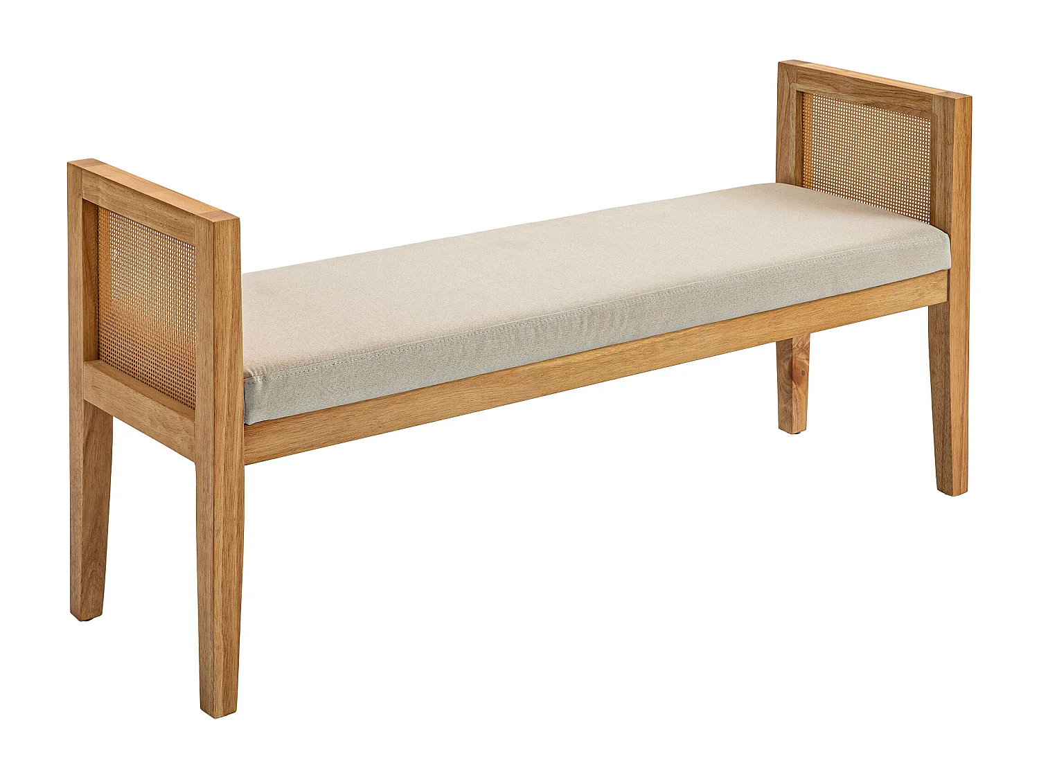 Banquette bout de lit style bohème chic - coussin beige inclus - cannage rotin bois