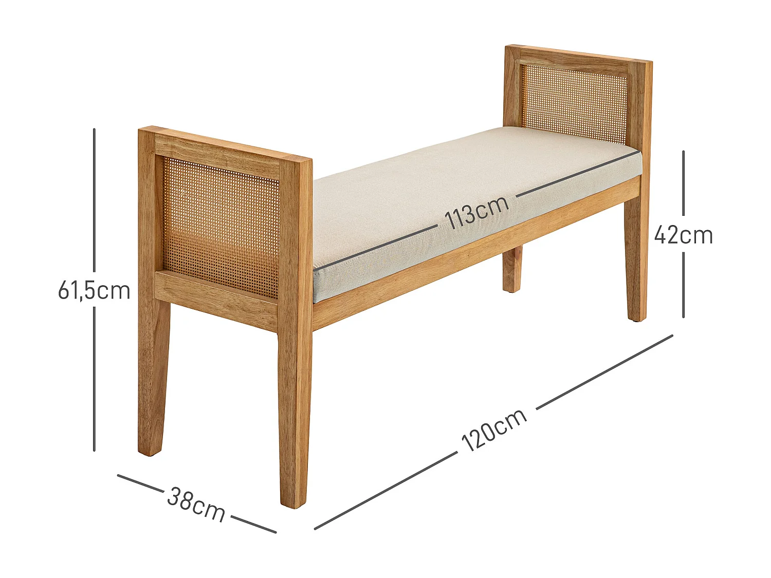 Banquette bout de lit style bohème chic - coussin beige inclus - cannage rotin bois