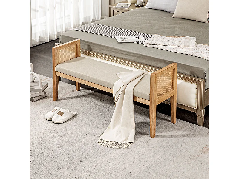 Banquette bout de lit style bohème chic - coussin beige inclus - cannage rotin bois