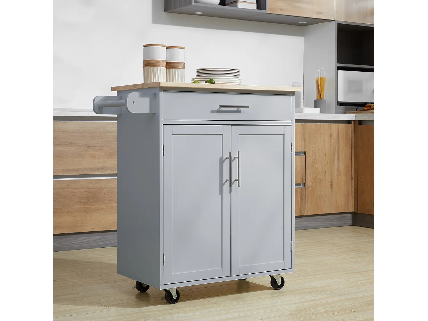 Desserte de cuisine - 2 portes, étagère, tiroir, porte-torchons - bois hévéa pin gris