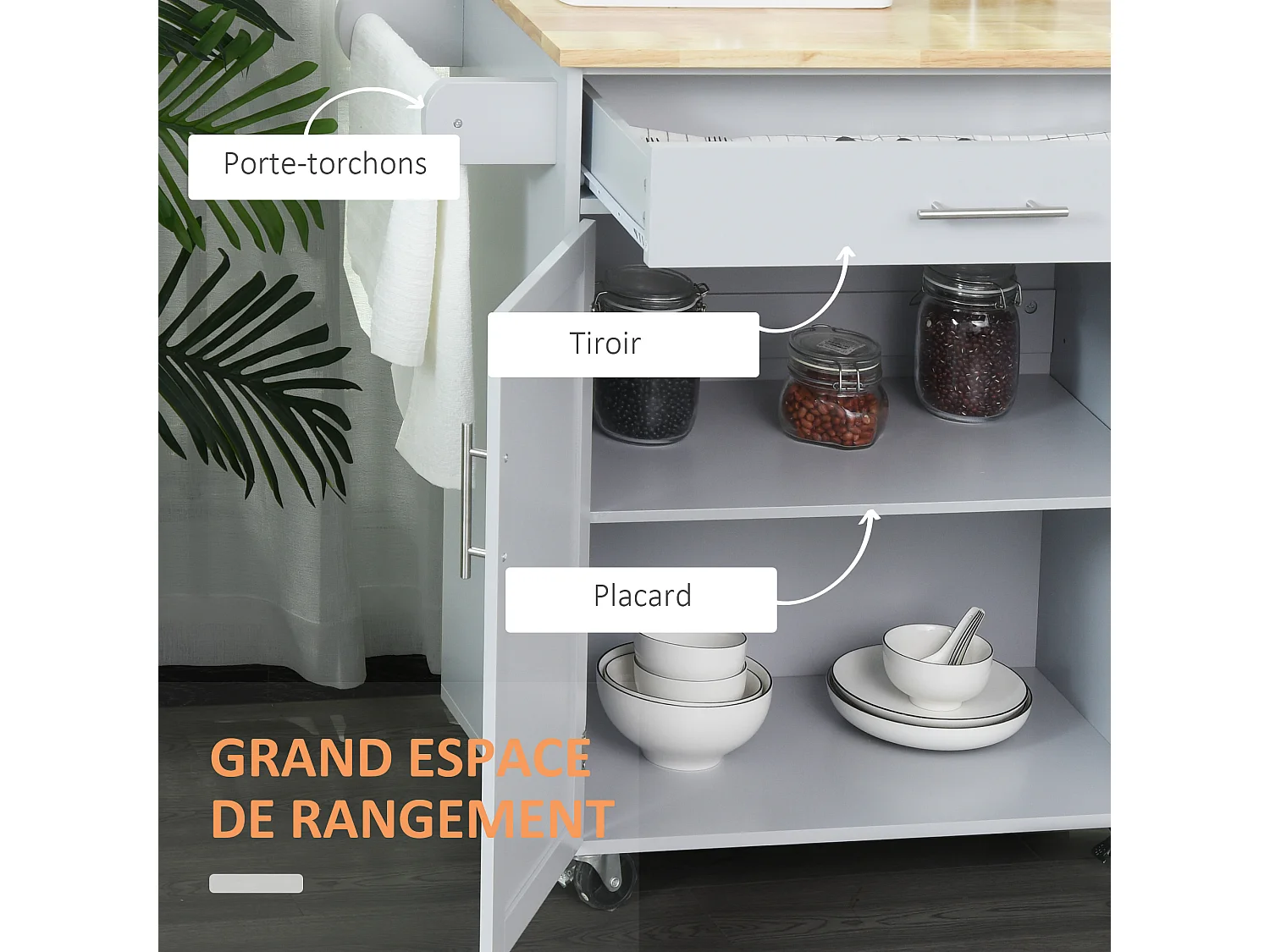 Desserte de cuisine - 2 portes, étagère, tiroir, porte-torchons - bois hévéa pin gris