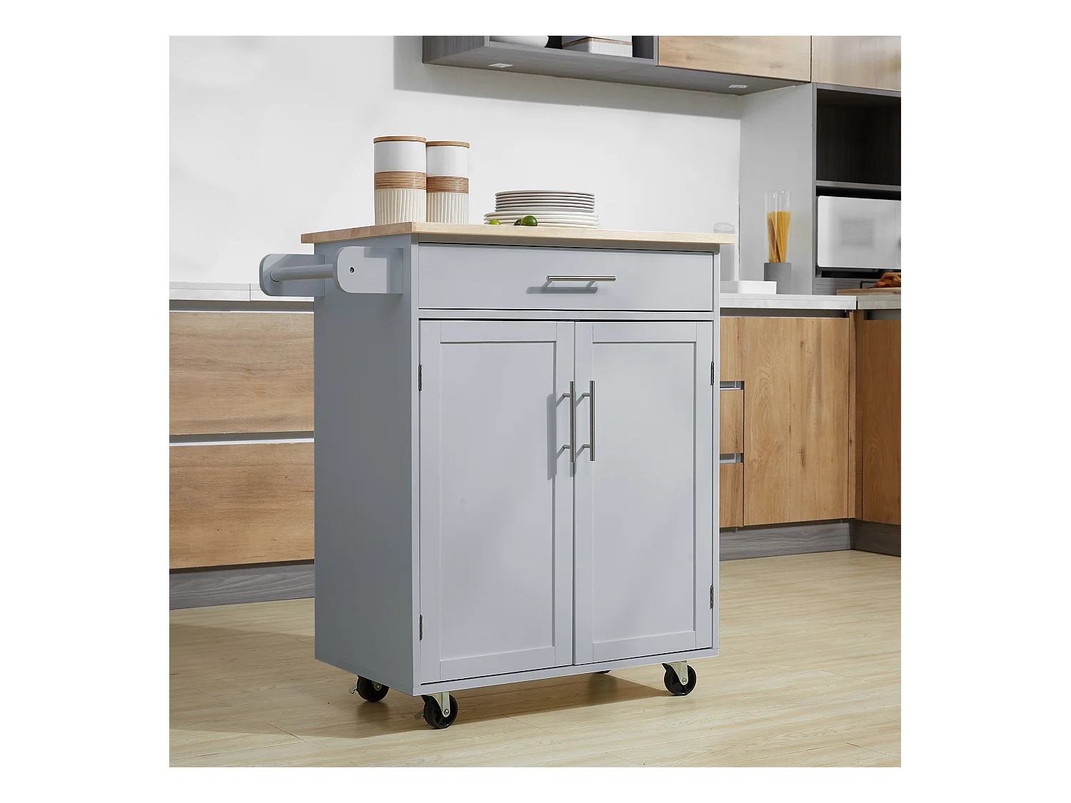 Desserte de cuisine - 2 portes, étagère, tiroir, porte-torchons - bois hévéa pin gris