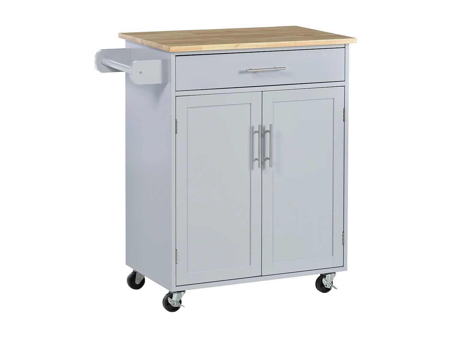 Desserte de cuisine - 2 portes, étagère, tiroir, porte-torchons - bois hévéa pin gris