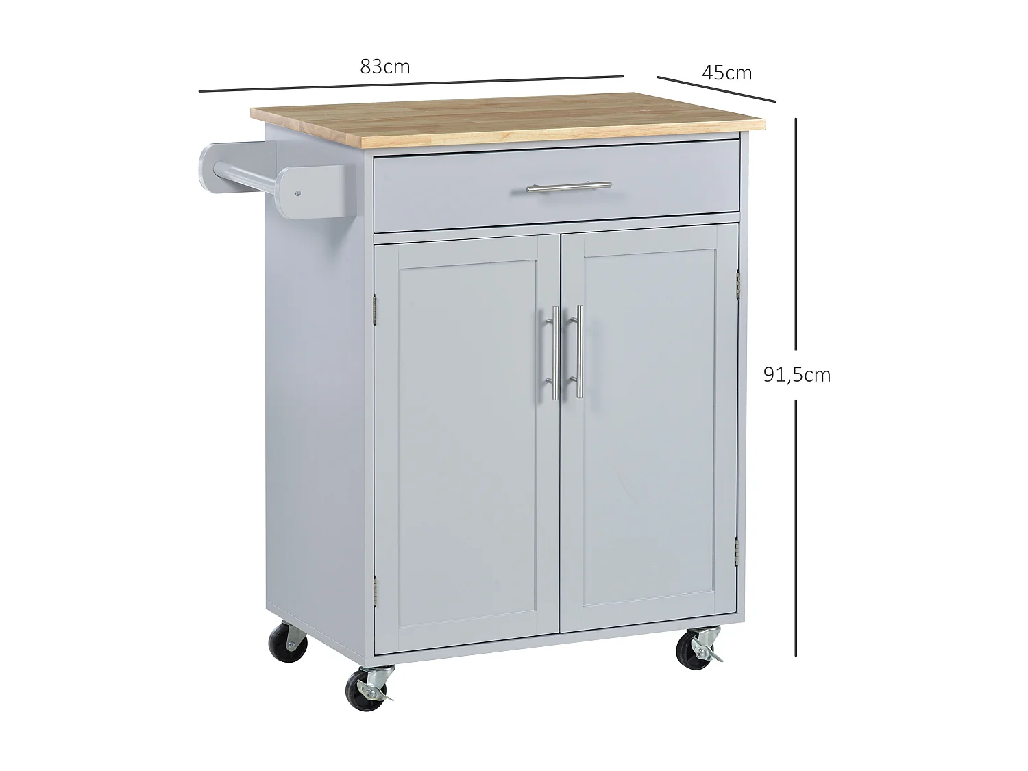 Desserte de cuisine - 2 portes, étagère, tiroir, porte-torchons - bois hévéa pin gris