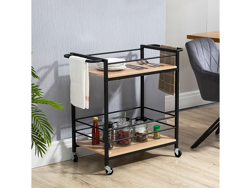 Desserte de cuisine design industriel - plateau, étagère - acier noir aspect bois clair