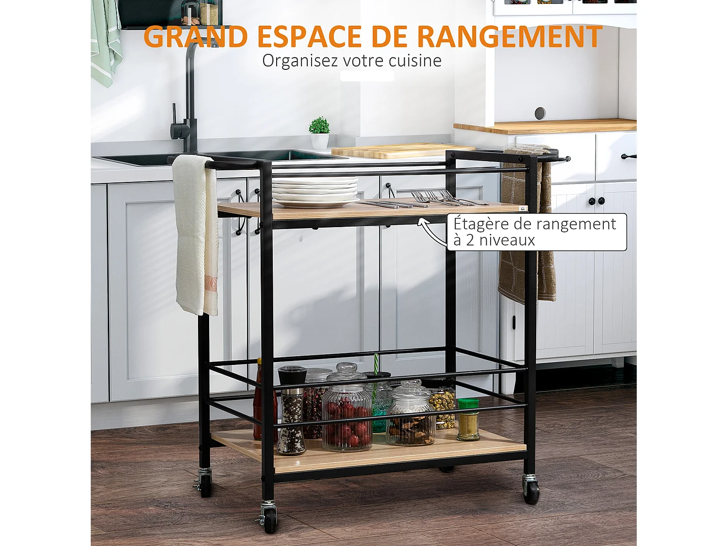 Desserte de cuisine design industriel - plateau, étagère - acier noir aspect bois clair