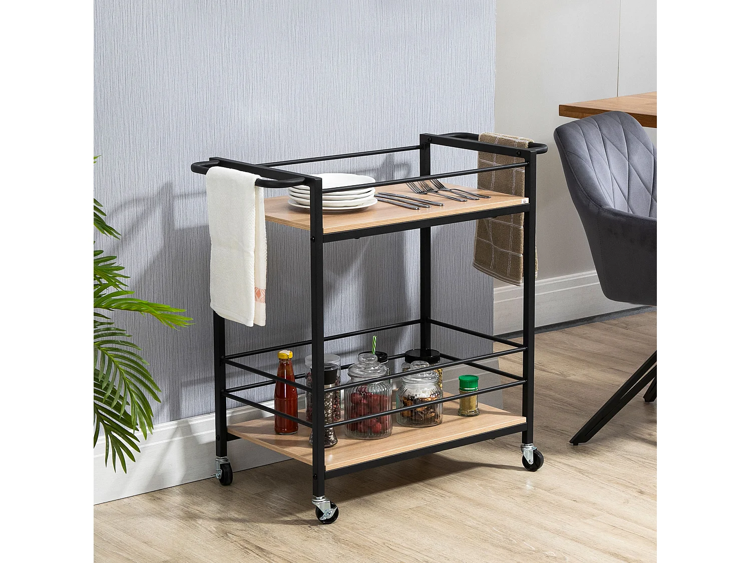 Desserte de cuisine design industriel - plateau, étagère - acier noir aspect bois clair