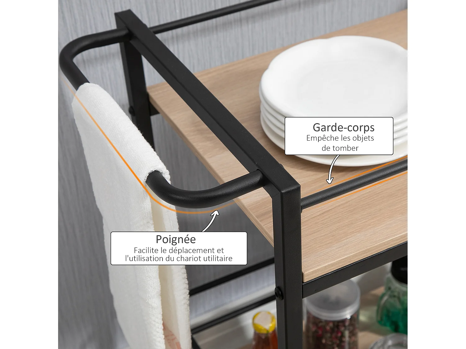 Desserte de cuisine design industriel - plateau, étagère - acier noir aspect bois clair