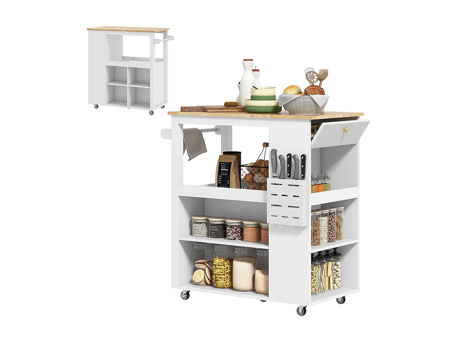 Desserte de cuisine style cosy chic multi-rangement blanc bois hévéa