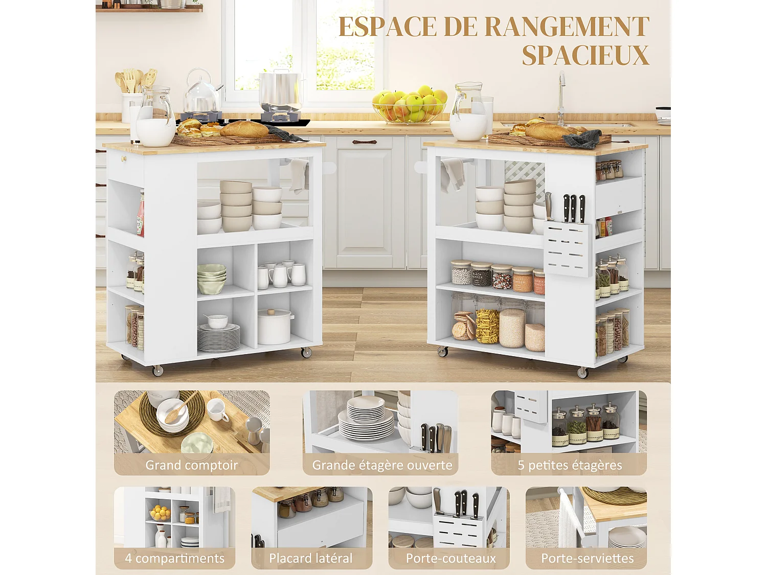 Desserte de cuisine style cosy chic multi-rangement blanc bois hévéa