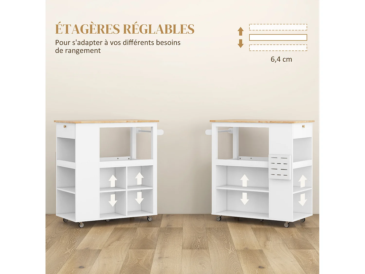 Desserte de cuisine style cosy chic multi-rangement blanc bois hévéa