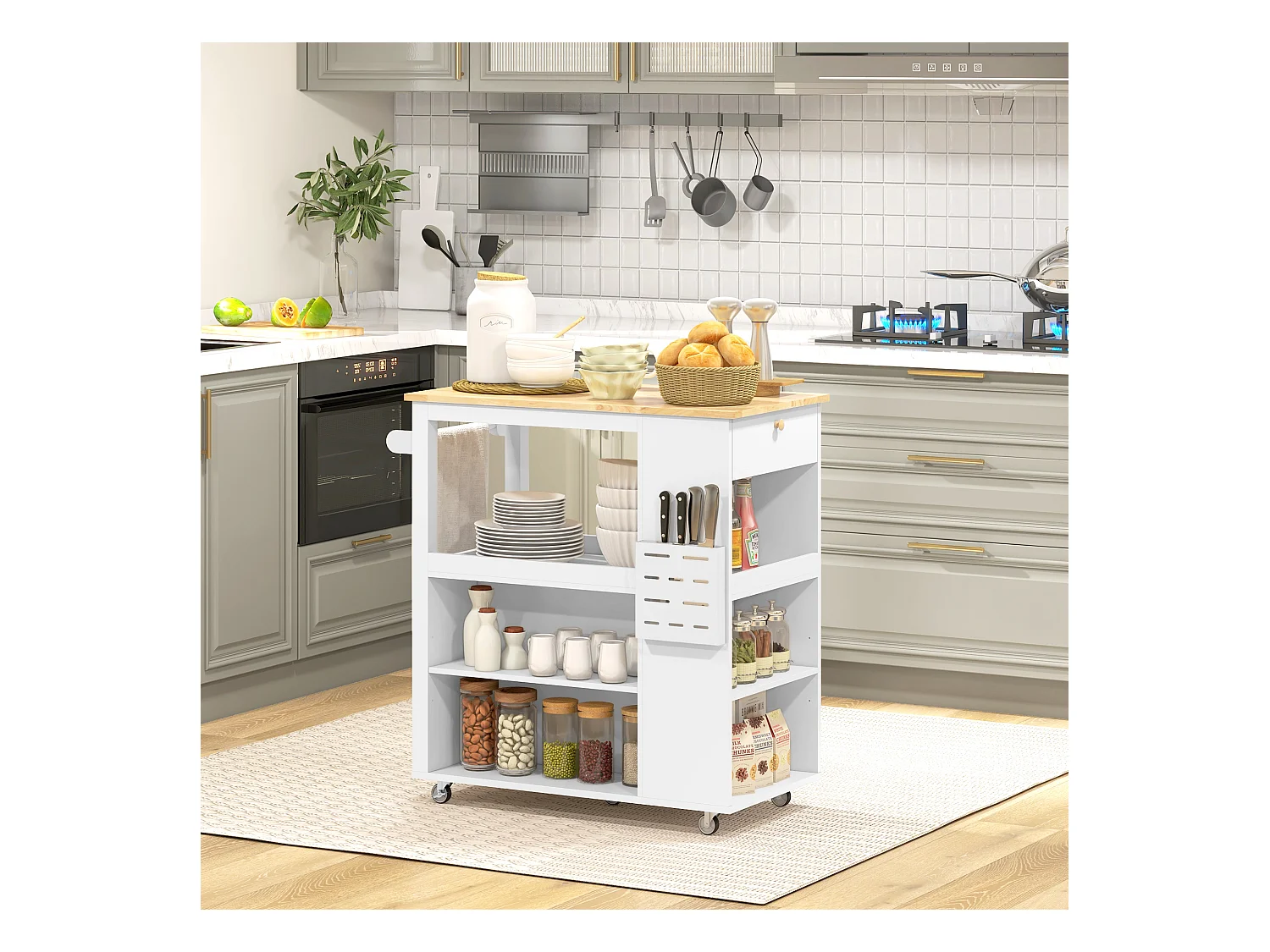 Desserte de cuisine style cosy chic multi-rangement blanc bois hévéa