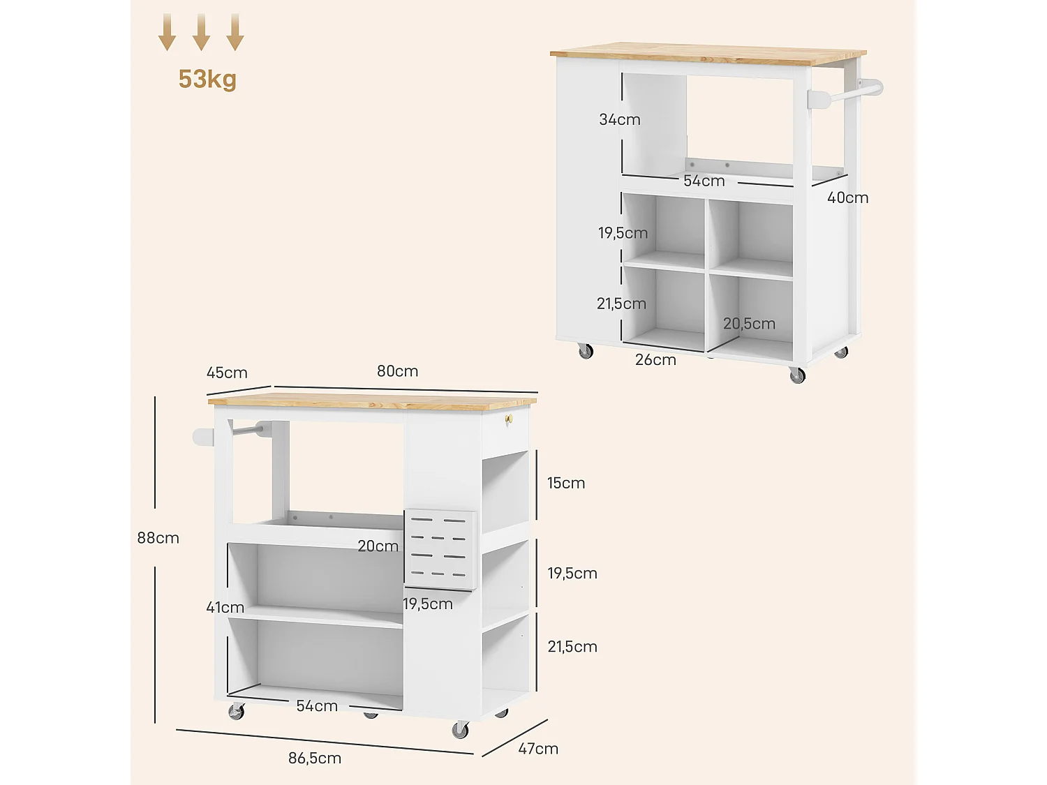 Desserte de cuisine style cosy chic multi-rangement blanc bois hévéa