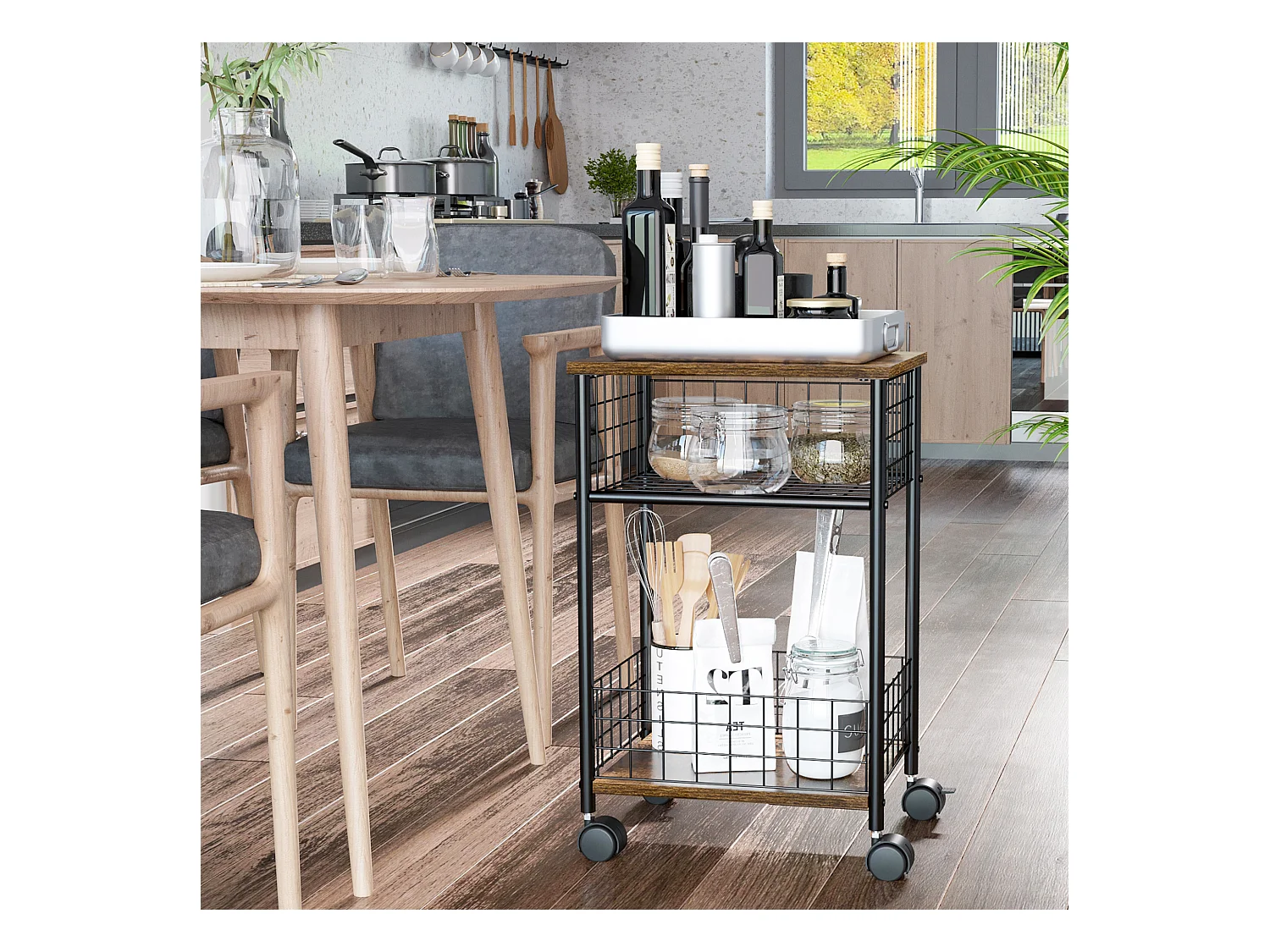Desserte cuisine design industriel - 2 étagères - dim. 40L x 30l x 62H cm - acier noir aspect bois vieilli