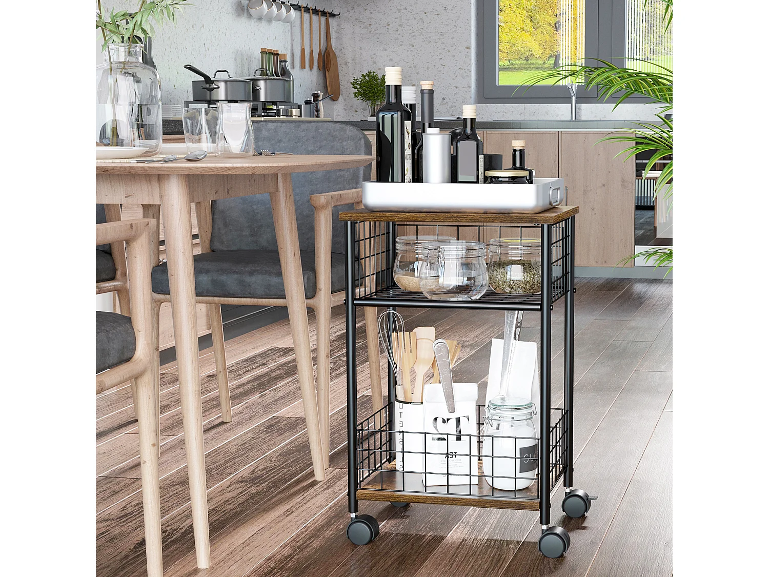 Desserte cuisine design industriel - 2 étagères - dim. 40L x 30l x 62H cm - acier noir aspect bois vieilli