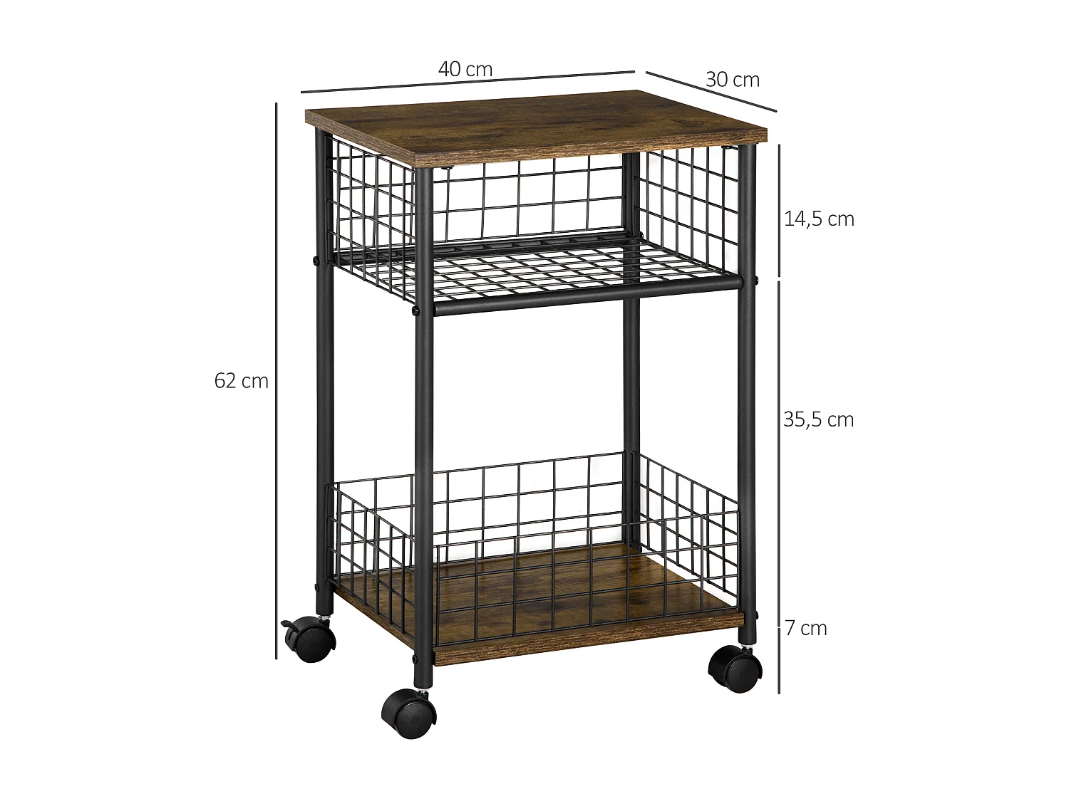Desserte cuisine design industriel - 2 étagères - dim. 40L x 30l x 62H cm - acier noir aspect bois vieilli