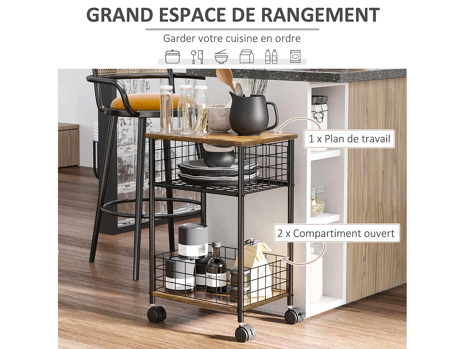 Desserte cuisine design industriel - 2 étagères - dim. 40L x 30l x 62H cm - acier noir aspect bois vieilli