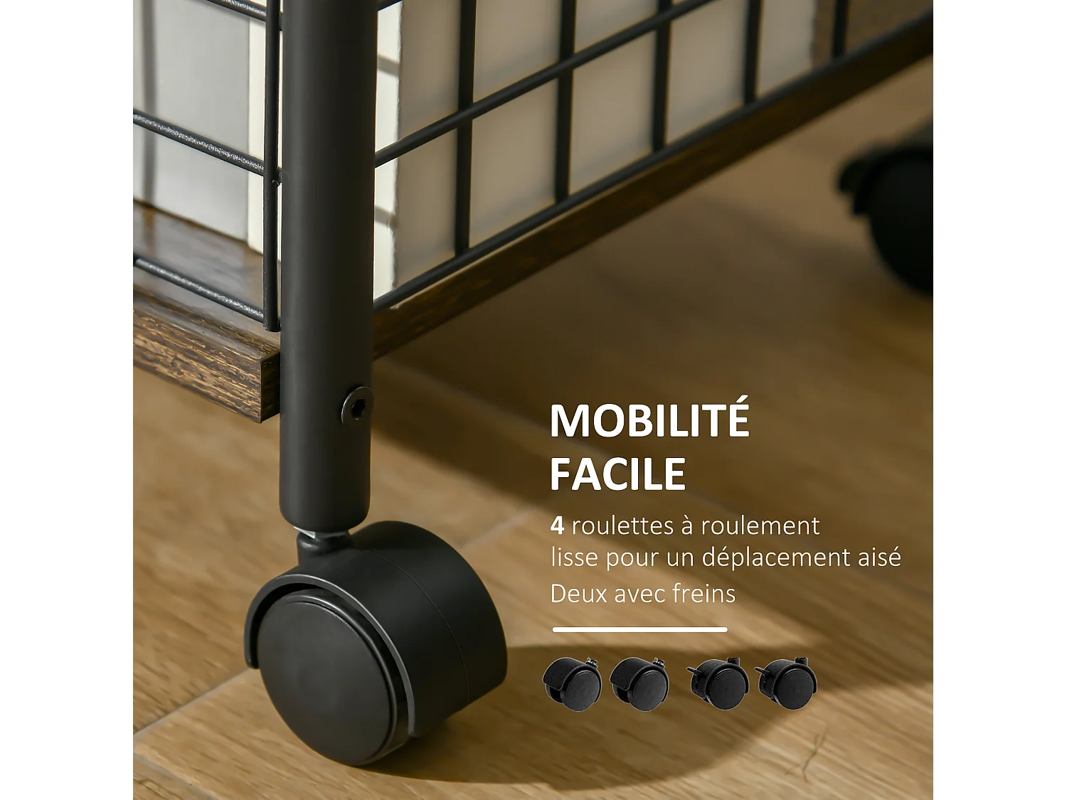 Desserte cuisine design industriel - 2 étagères - dim. 40L x 30l x 62H cm - acier noir aspect bois vieilli