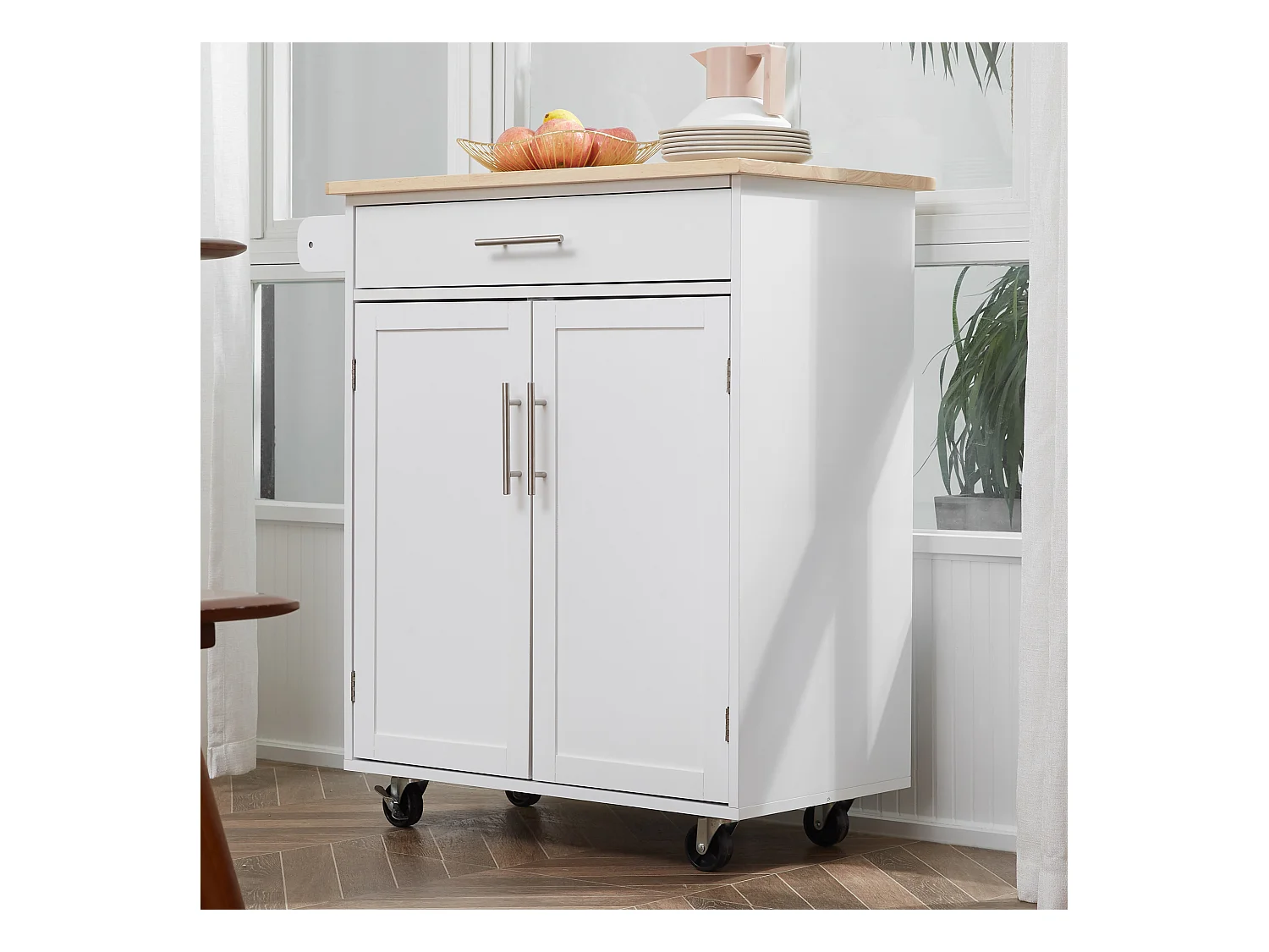 Desserte de cuisine - 2 portes, étagère, tiroir, porte-torchons - bois hévéa pin blanc