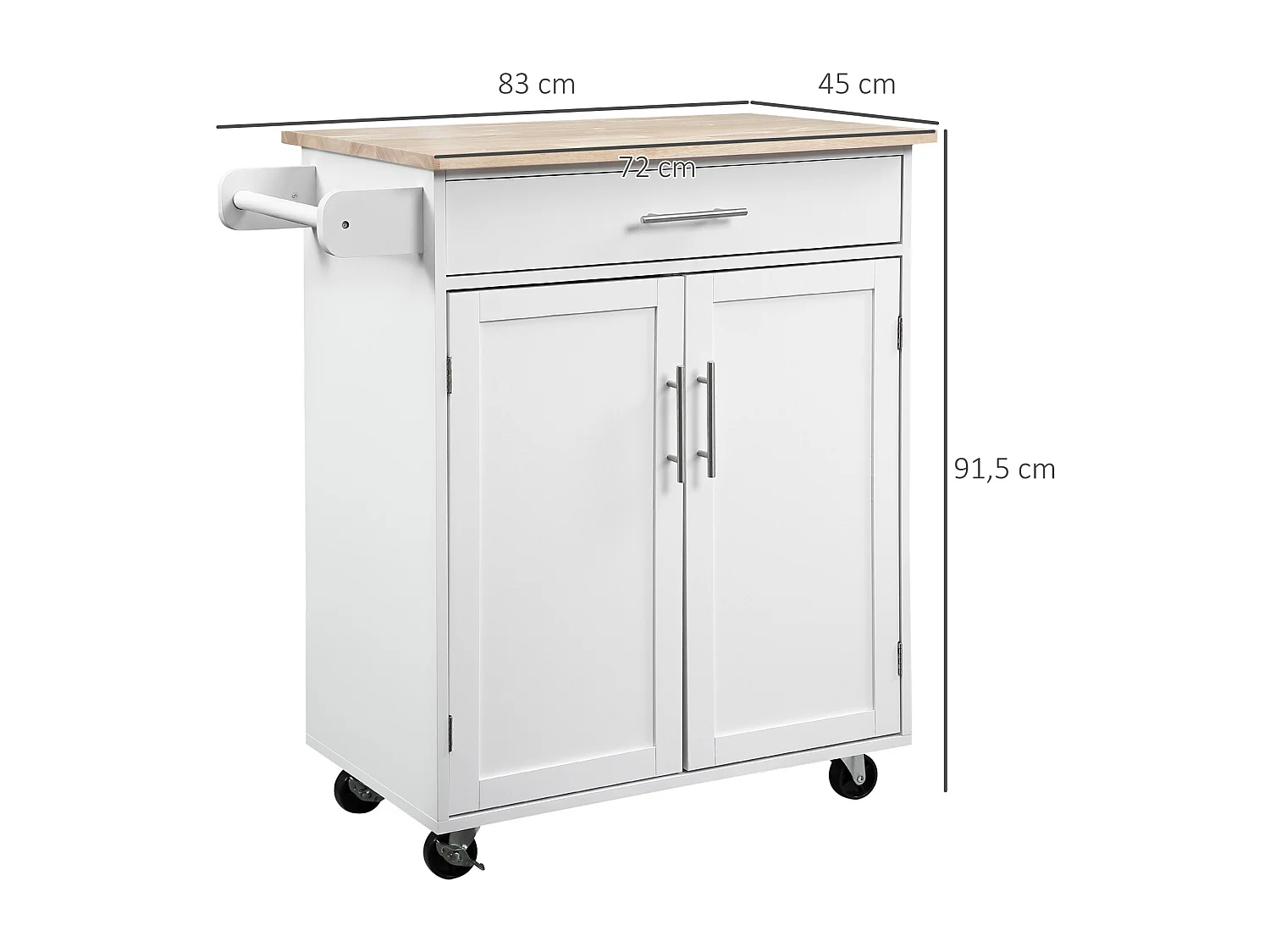 Desserte de cuisine - 2 portes, étagère, tiroir, porte-torchons - bois hévéa pin blanc