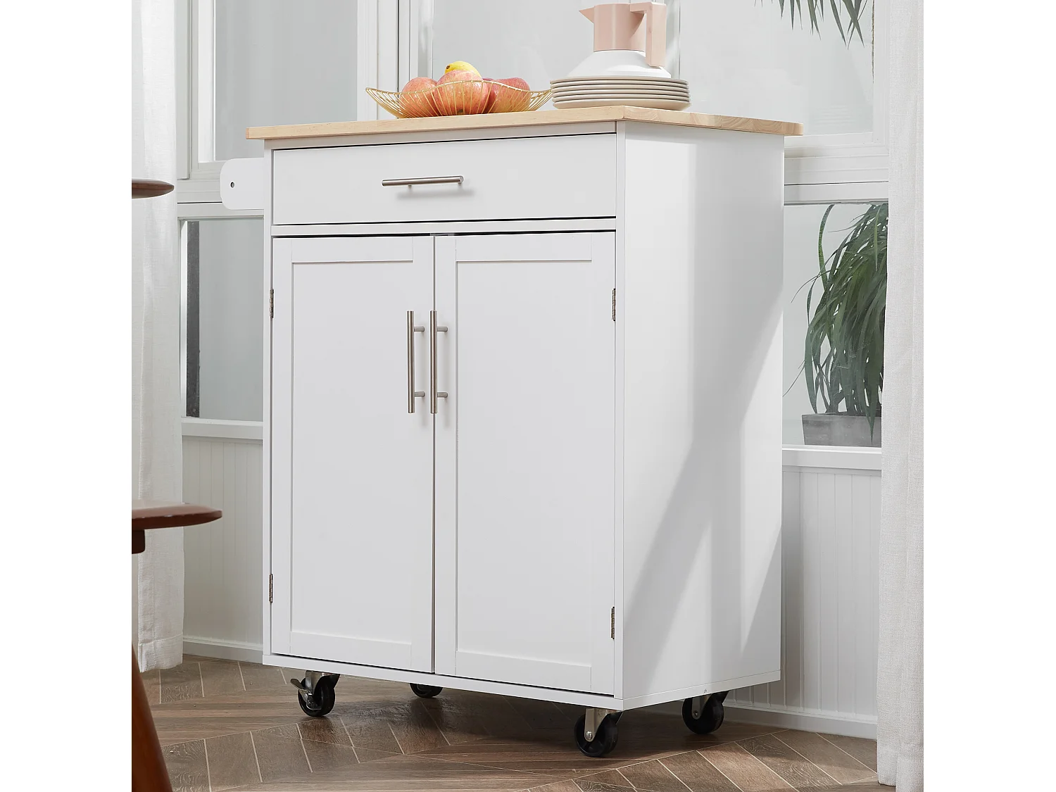 Desserte de cuisine - 2 portes, étagère, tiroir, porte-torchons - bois hévéa pin blanc