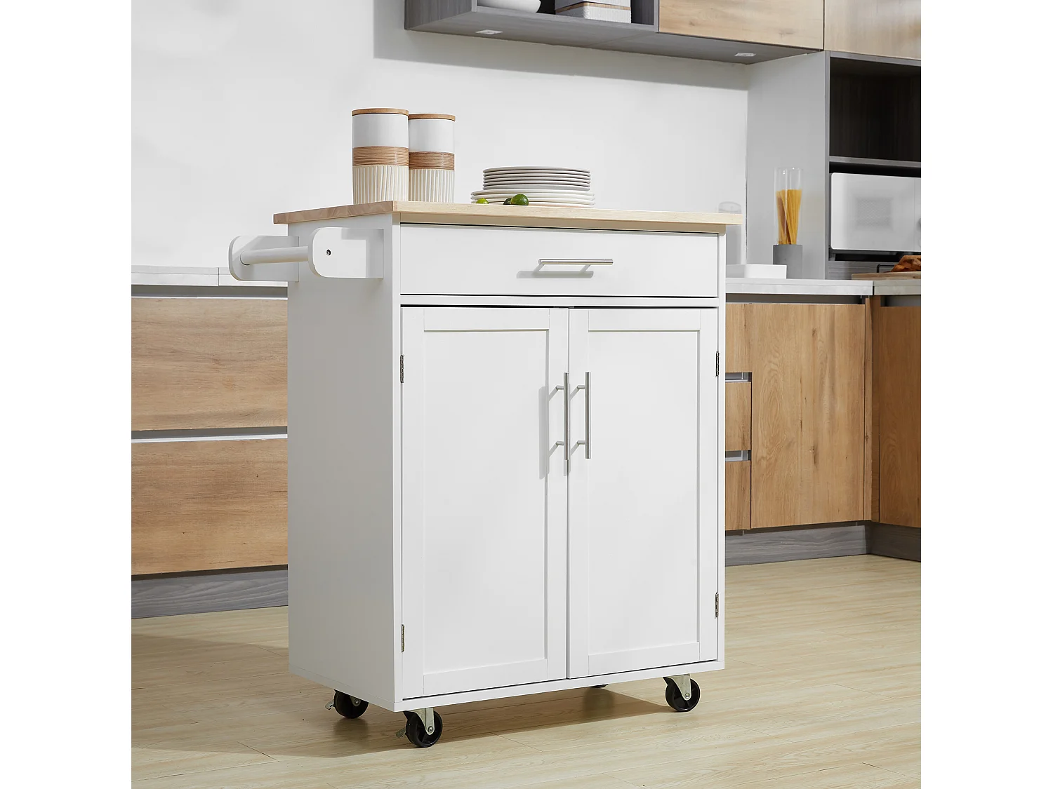 Desserte de cuisine - 2 portes, étagère, tiroir, porte-torchons - bois hévéa pin blanc