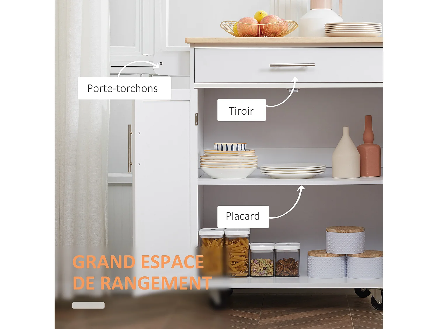 Desserte de cuisine - 2 portes, étagère, tiroir, porte-torchons - bois hévéa pin blanc