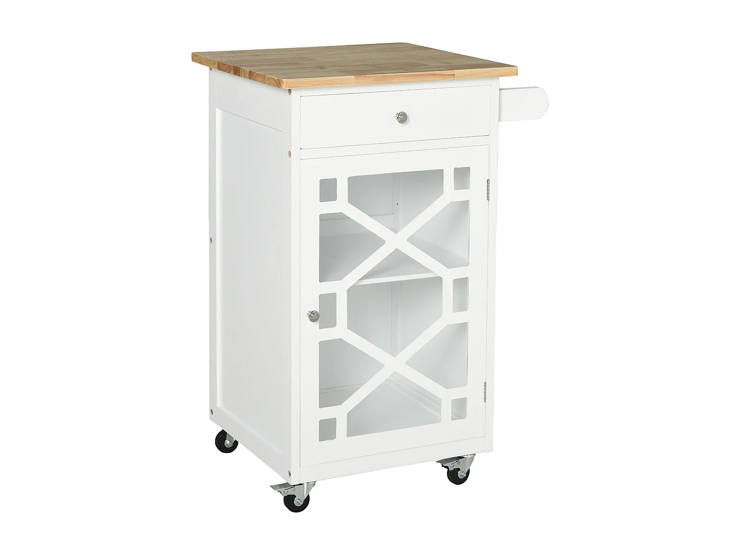 Desserte de cuisine à roulettes - tiroir, placard, porte-serviette - MDF blanc plateau bois hévéa