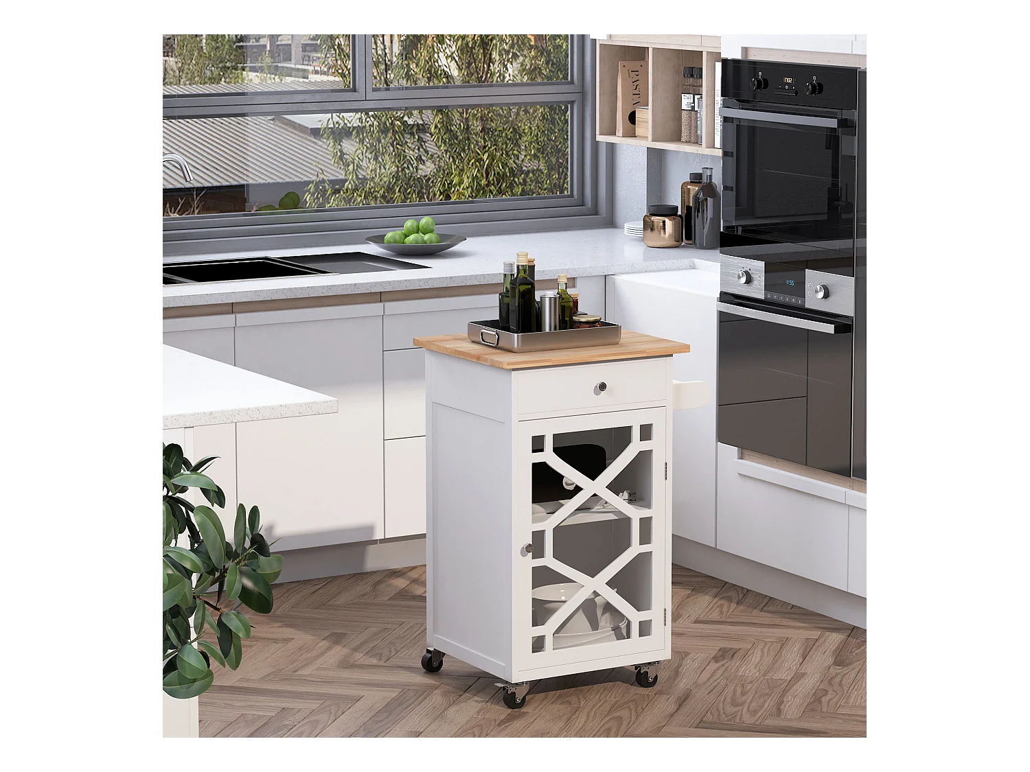 Desserte de cuisine à roulettes - tiroir, placard, porte-serviette - MDF blanc plateau bois hévéa