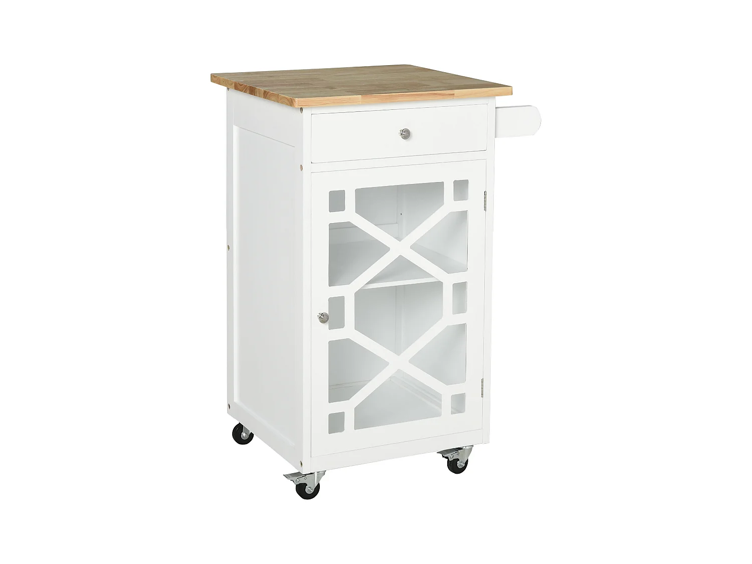 Desserte de cuisine à roulettes - tiroir, placard, porte-serviette - MDF blanc plateau bois hévéa