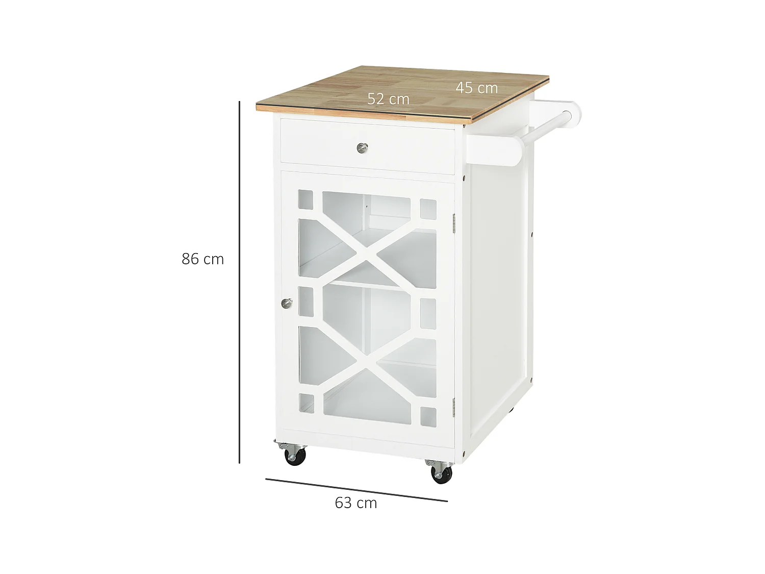 Desserte de cuisine à roulettes - tiroir, placard, porte-serviette - MDF blanc plateau bois hévéa