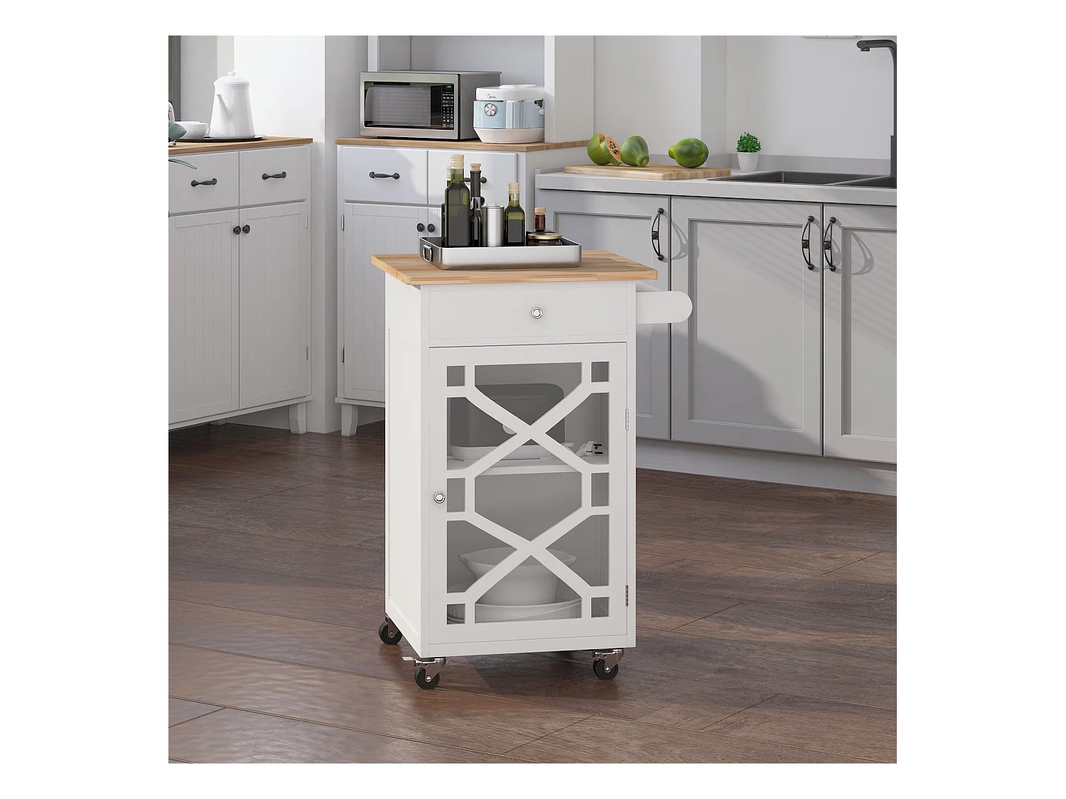 Desserte de cuisine à roulettes - tiroir, placard, porte-serviette - MDF blanc plateau bois hévéa