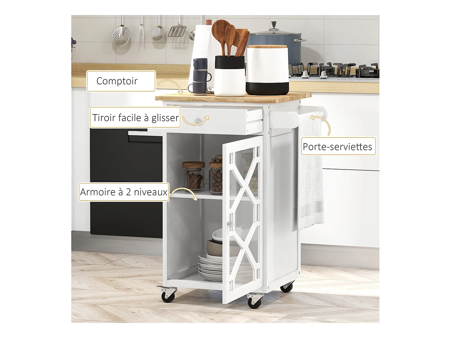 Desserte de cuisine à roulettes - tiroir, placard, porte-serviette - MDF blanc plateau bois hévéa