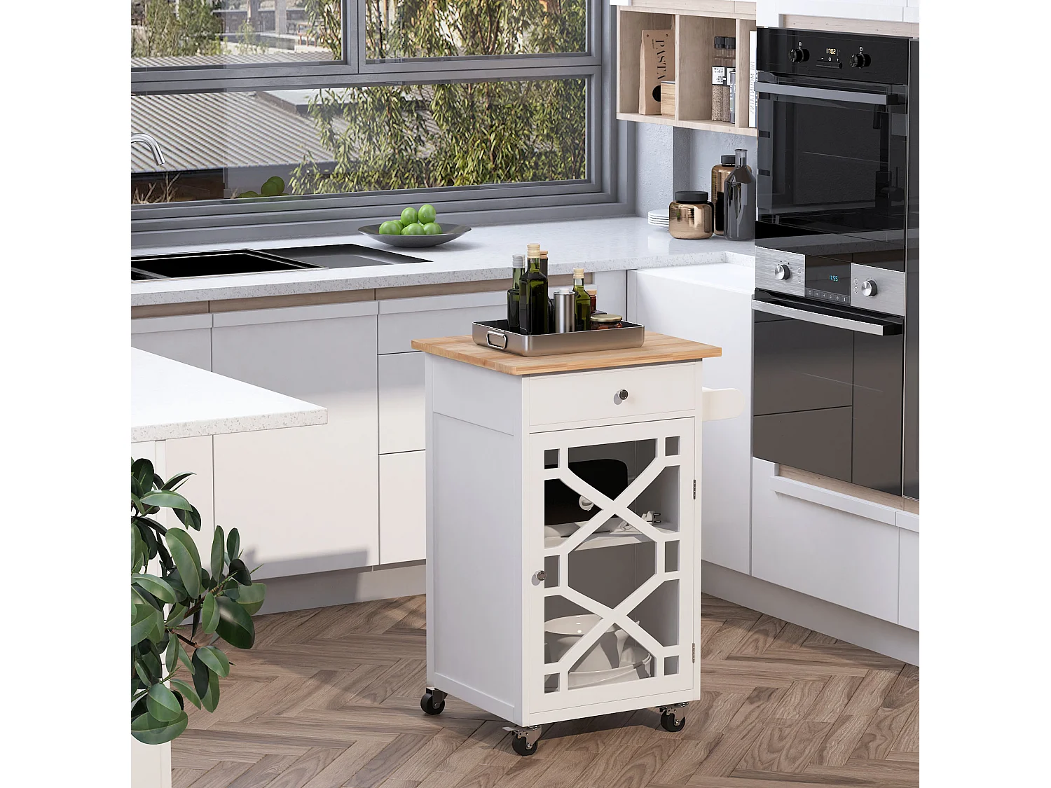 Desserte de cuisine à roulettes - tiroir, placard, porte-serviette - MDF blanc plateau bois hévéa