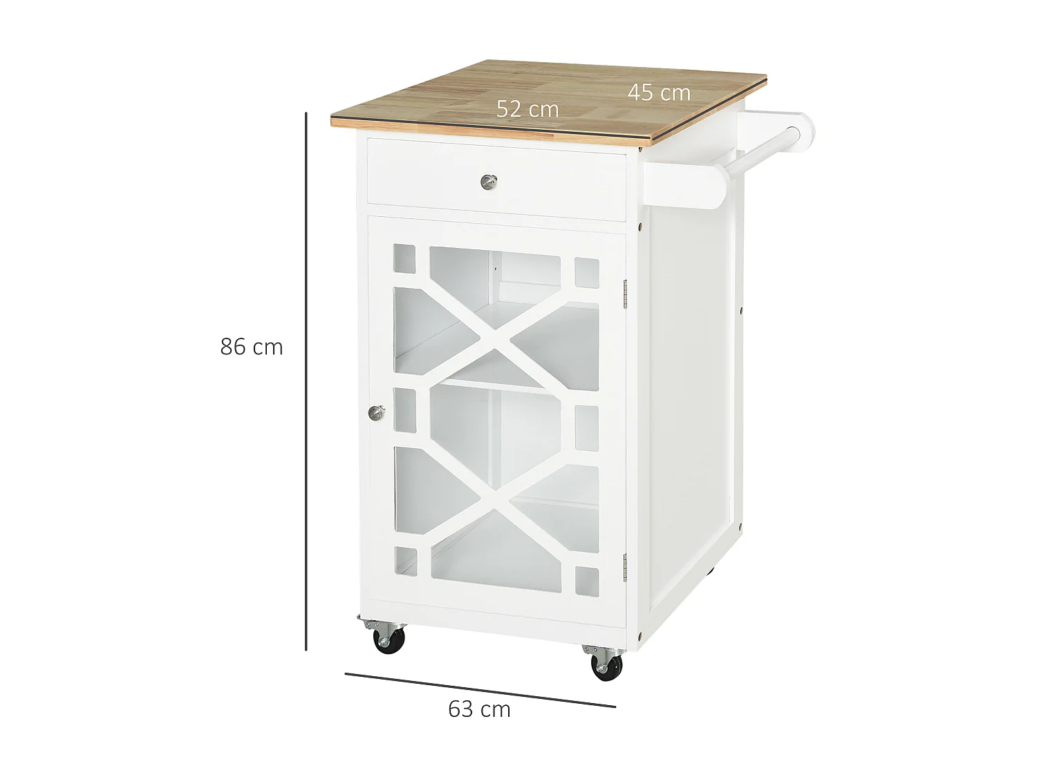 Desserte de cuisine à roulettes - tiroir, placard, porte-serviette - MDF blanc plateau bois hévéa