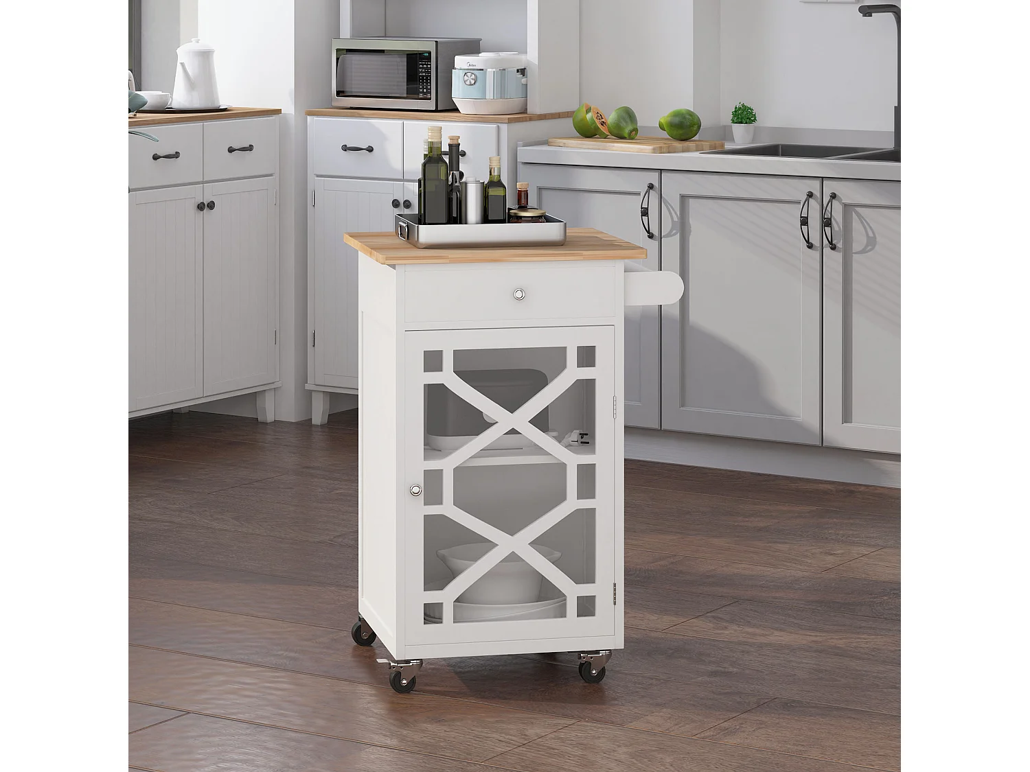 Desserte de cuisine à roulettes - tiroir, placard, porte-serviette - MDF blanc plateau bois hévéa